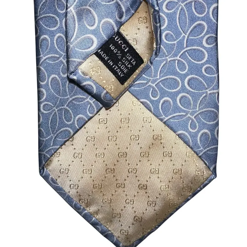 Gucci Light Blue Swirl 100% Silk Designer Tie